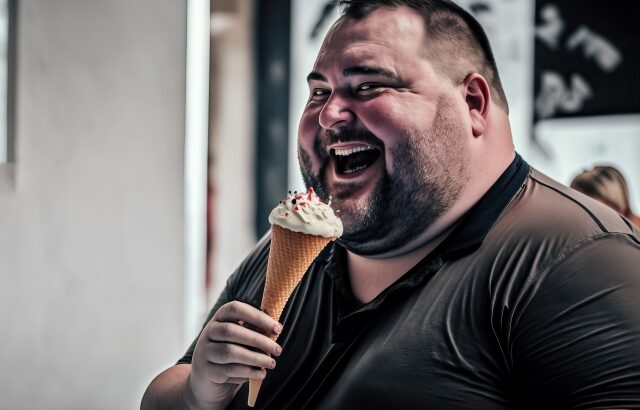 アイスクリームを食べる太った男性